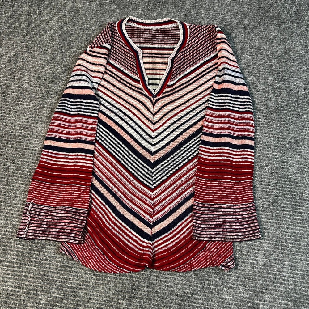Unbranded Chevron Knit Sweater Women M Red Multi Fair Frayed Hem Boho Vtg Style